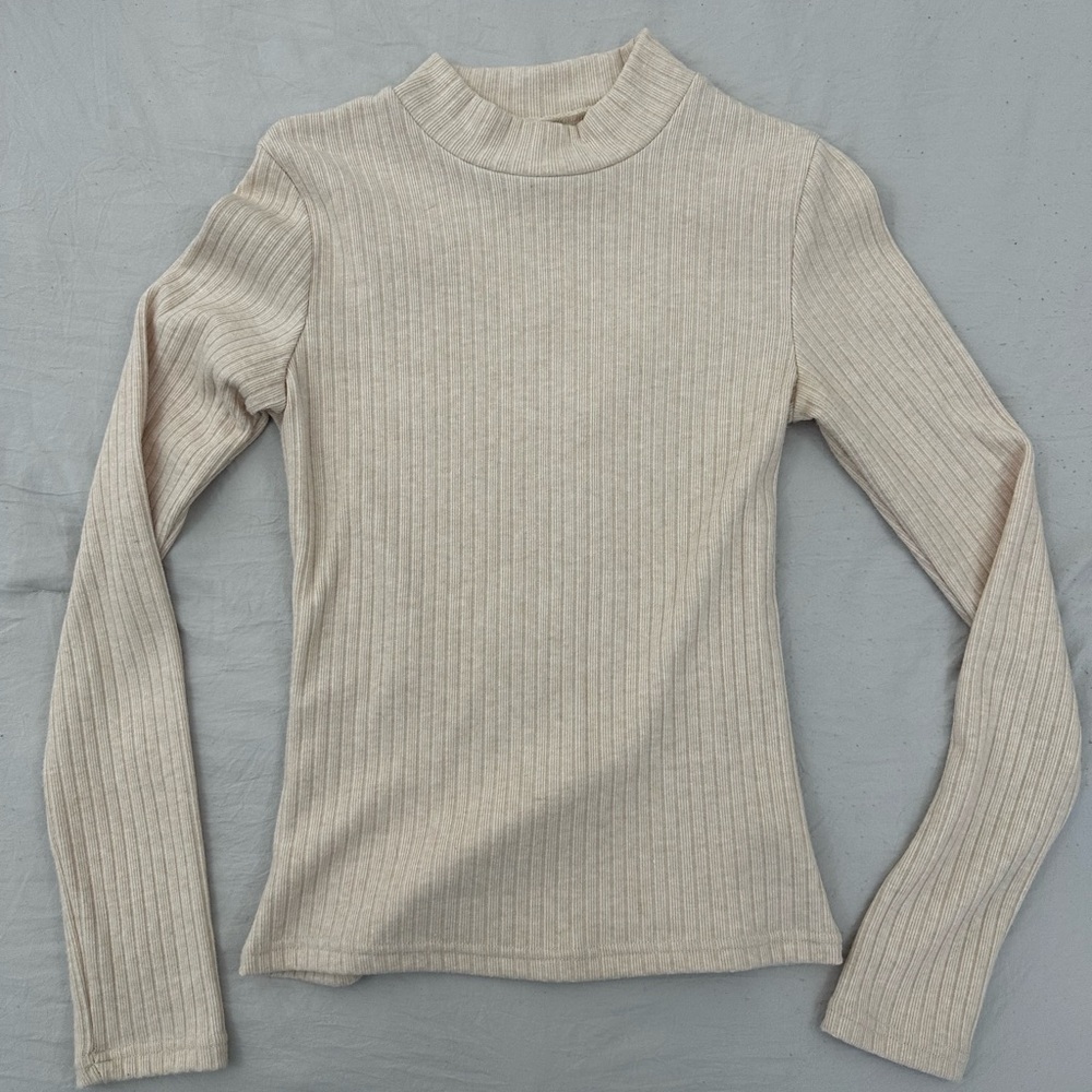 Elegant Beige Ribbed Long Sleeve Top